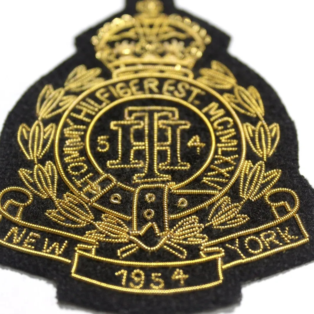 Branded Fashion Hand-Embroidered Crest Patch – Gold & Silver Bullion Wire Badge