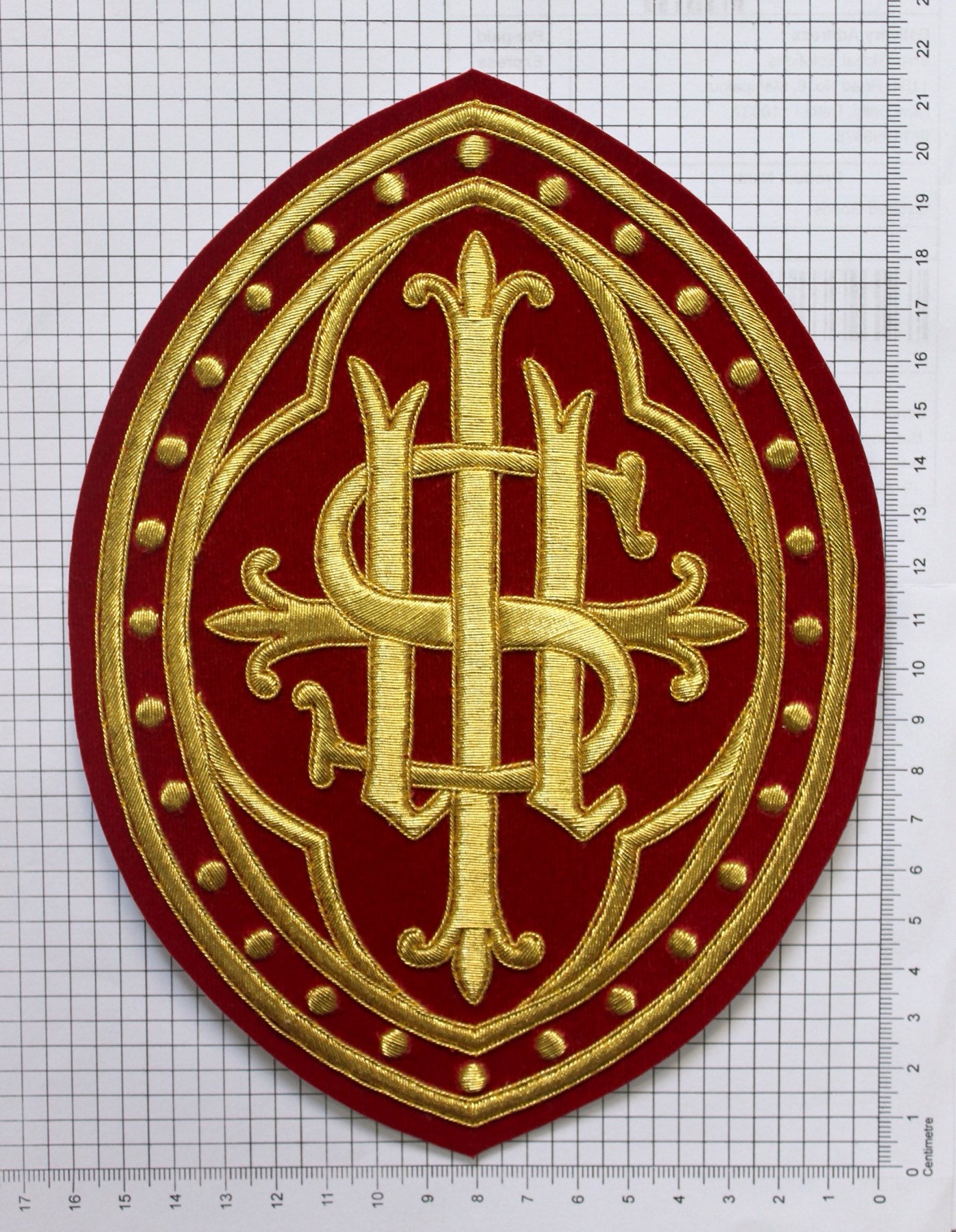 Hand Embroidered IHS Appliqué for Catholic Vestments – Gold on Velvet