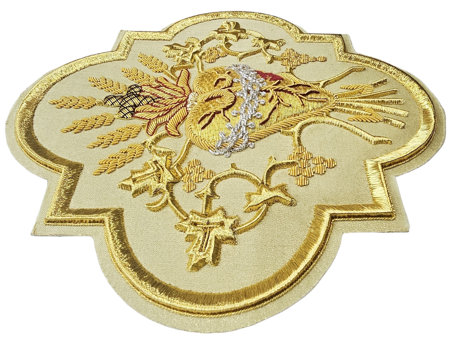 Sacred Heart Hand embroidered Appliqué for Vestments – Gold Metallic Wire on Gold Fabric