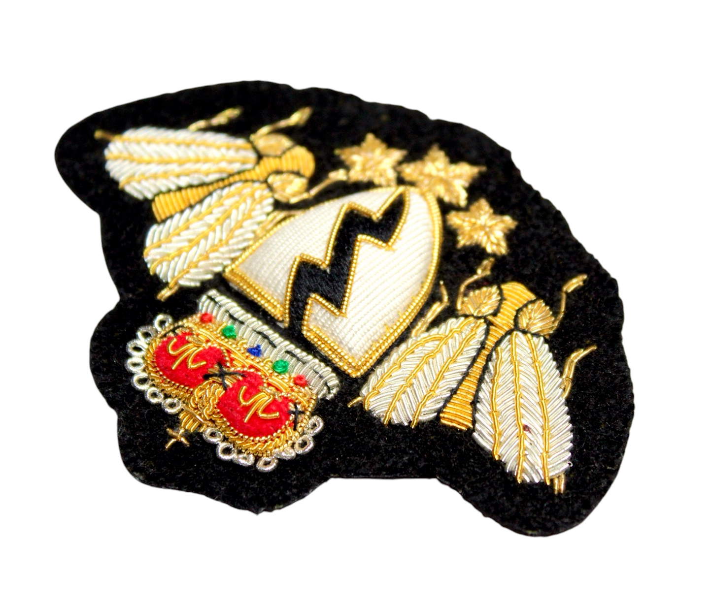 Hand-Embroidered Double Bee Crest Patch – Gold & Silver Bullion Wire Badge