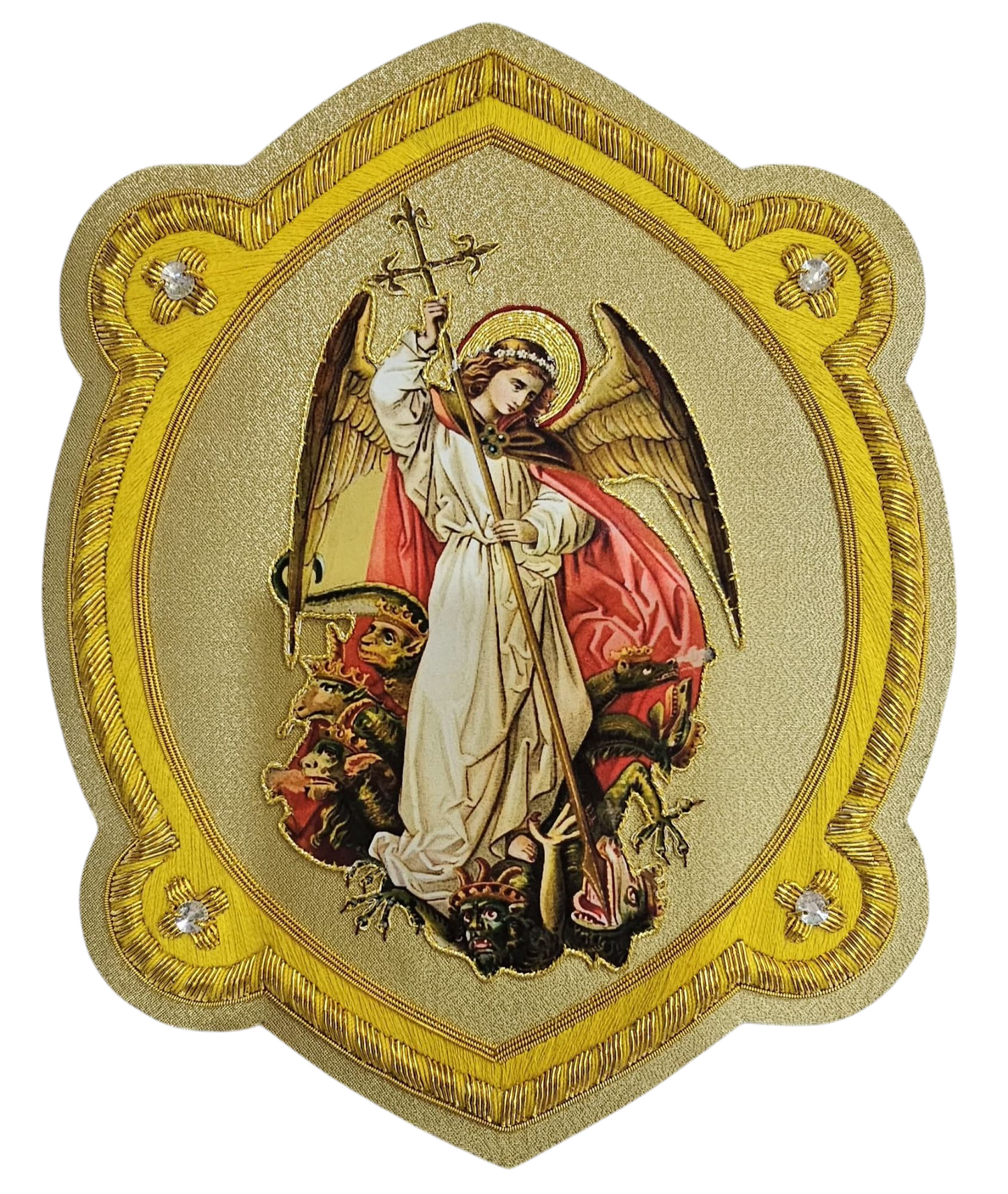 Saint Michael Appliqué | Gold Bullion and Silk Thread | Vestment Embroidery Patch on Gold Fabric
