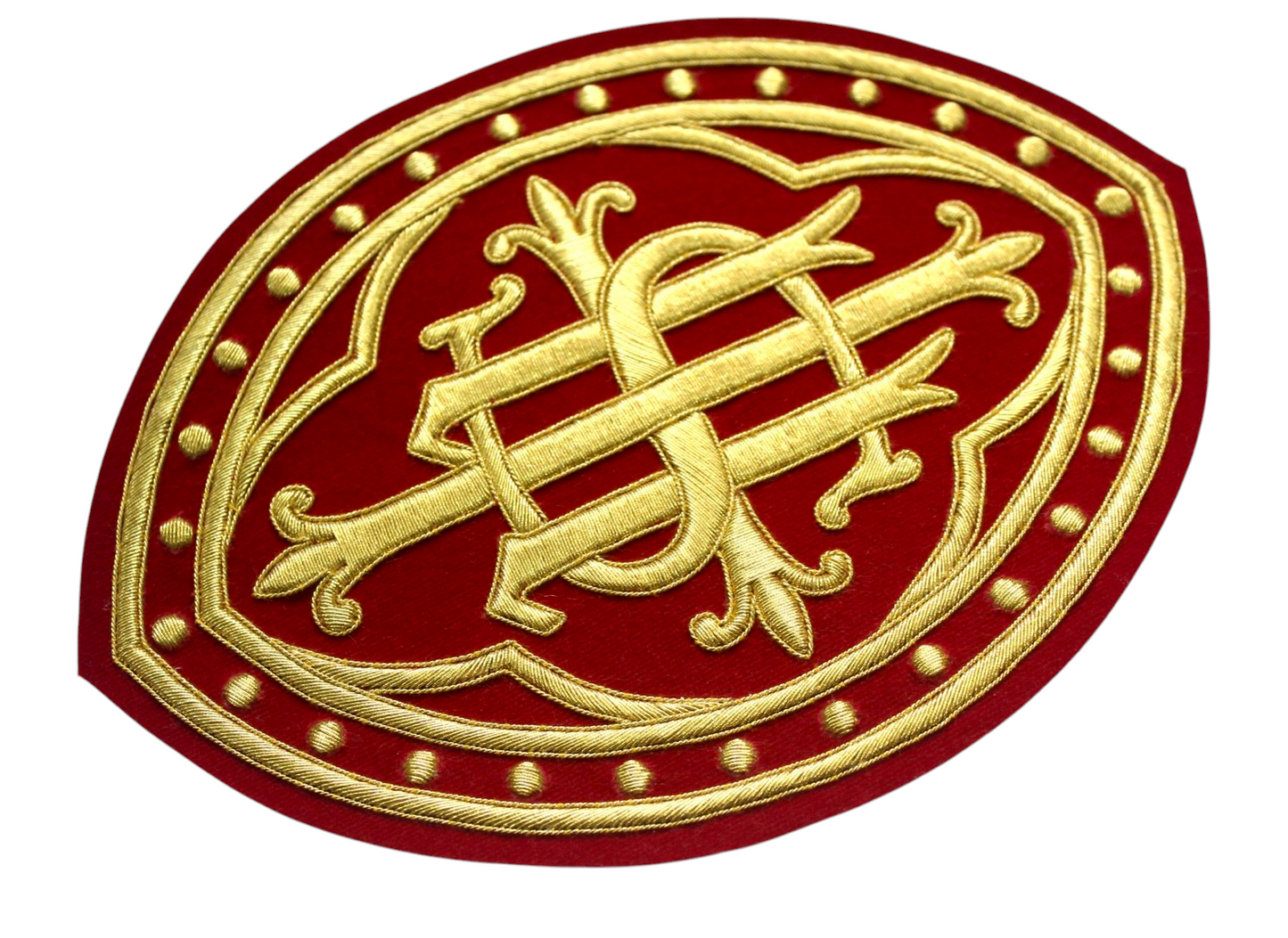 Hand Embroidered IHS Appliqué for Catholic Vestments – Gold on Velvet