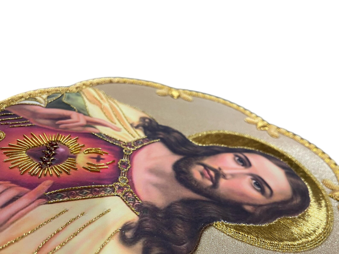 Sacred Heart of Jesus Appliqué | Hand-Embroidered & Printed Vestment Icon Patch | Gold Bullion Wire on Gold Fabric
