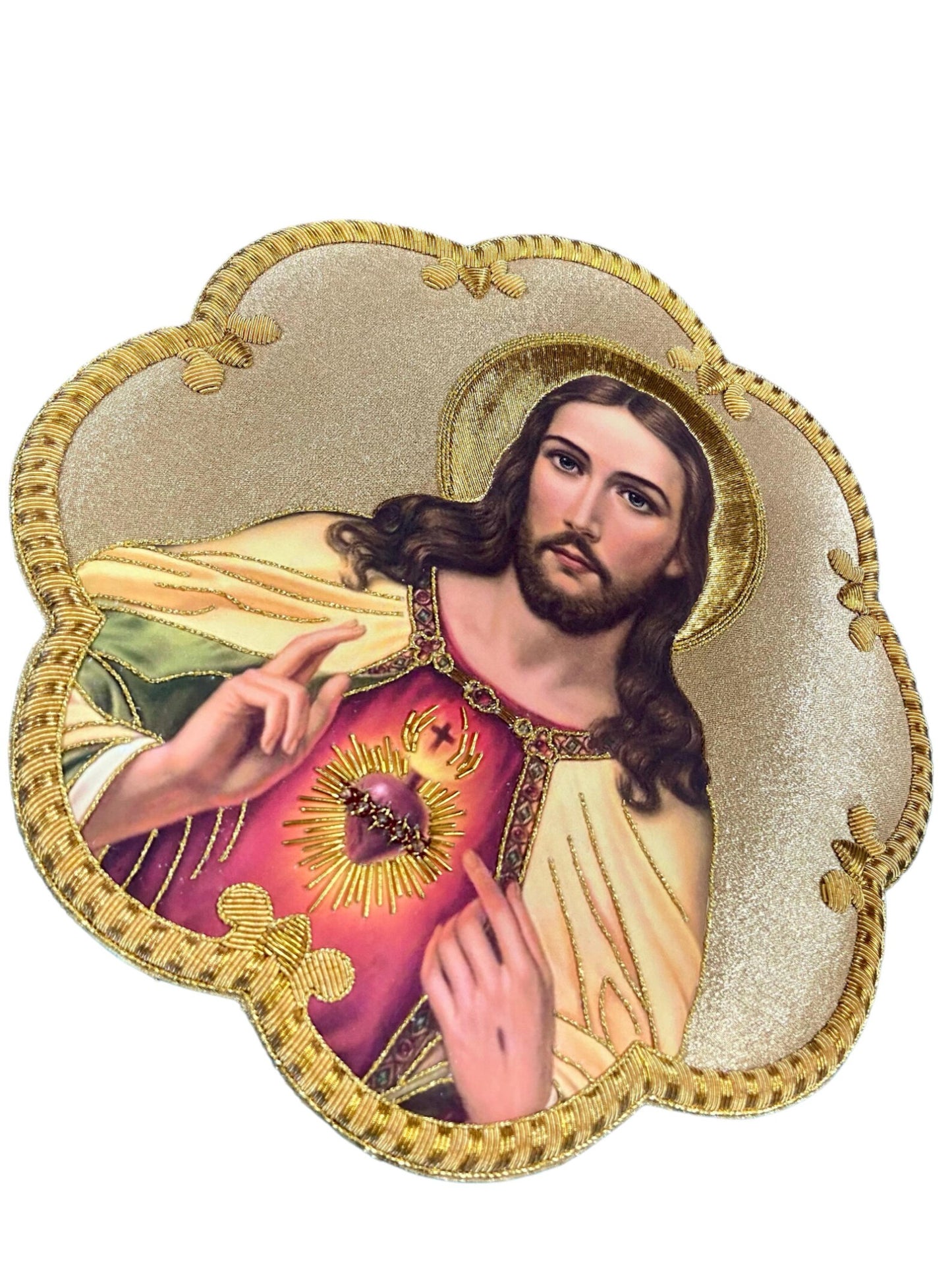 Sacred Heart of Jesus Appliqué | Hand-Embroidered & Printed Vestment Icon Patch | Gold Bullion Wire on Gold Fabric