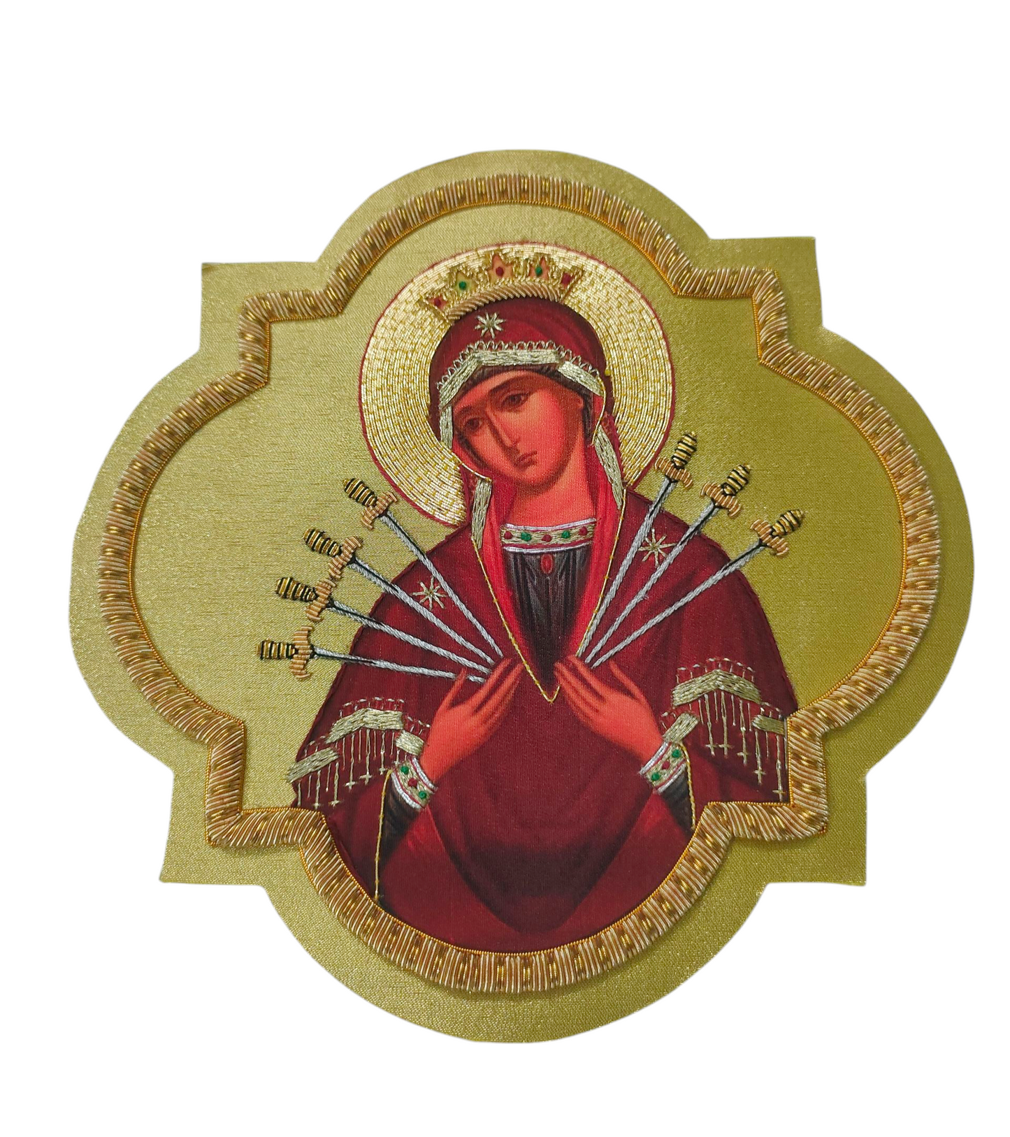 Our Lady of Sorrows | Seven Arrows Appliqué | Hand-Embroidered & Printed Icon on Gold Fabric | Marian Vestment Embroidery 15x15 cm