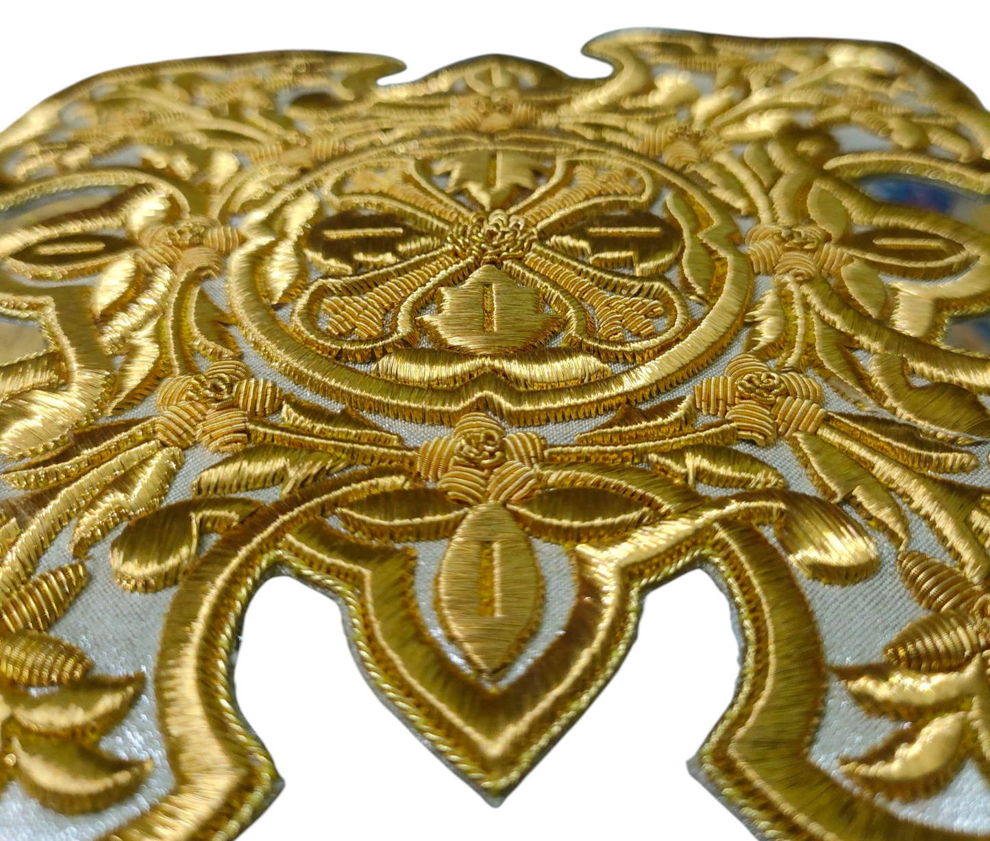 Gold Bullion Hand-Embroidered Cross Appliqué | 20x20 cm Sew-On Liturgical Cross on Silver Fabric | Unique Church Vestment Embroidery | Handmade Ecclesiastical Art