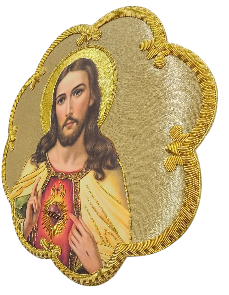 Sacred Heart of Jesus Appliqué | Hand-Embroidered & Printed Vestment Icon Patch | Gold Bullion Wire on Gold Fabric