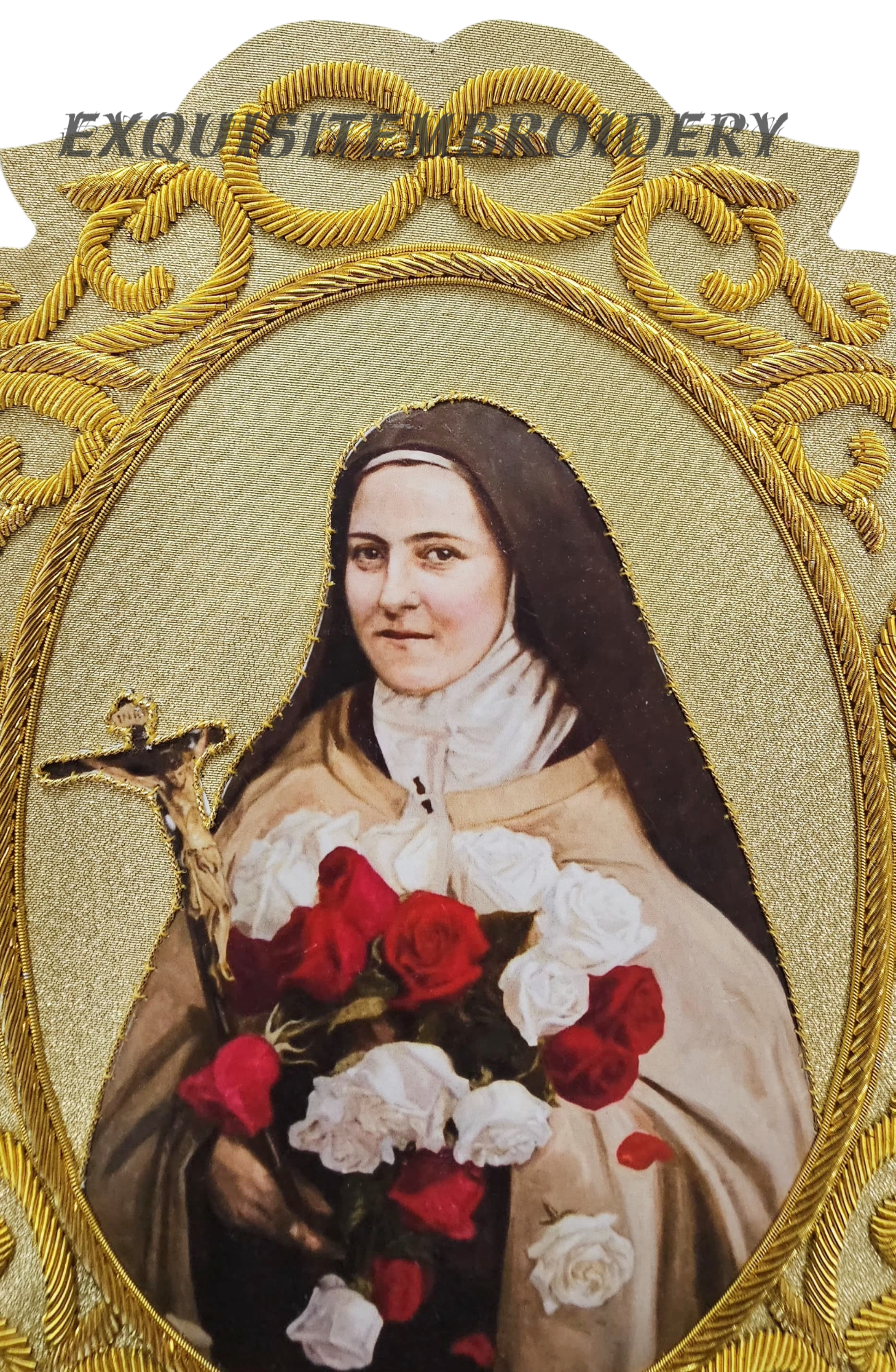 Saint Thérèse of Lisieux Hand-Embroidered Appliqué – Gold Bullion Wire on Gold Fabric