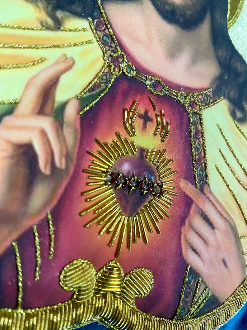 Sacred Heart of Jesus Appliqué | Hand-Embroidered & Printed Vestment Icon Patch | Gold Bullion Wire on Gold Fabric