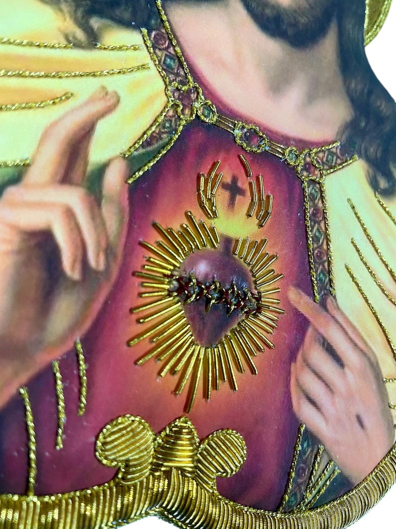 Sacred Heart of Jesus Appliqué | Hand-Embroidered & Printed Vestment Icon Patch | Gold Bullion Wire on Gold Fabric