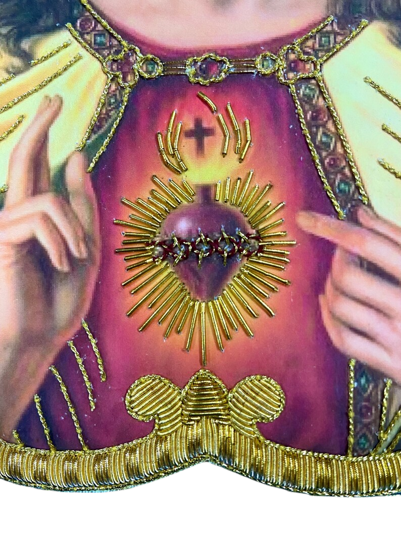Sacred Heart of Jesus Appliqué | Hand-Embroidered & Printed Vestment Icon Patch | Gold Bullion Wire on Gold Fabric