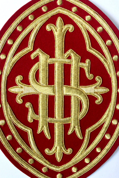 Hand Embroidered IHS Appliqué for Catholic Vestments – Gold on Velvet