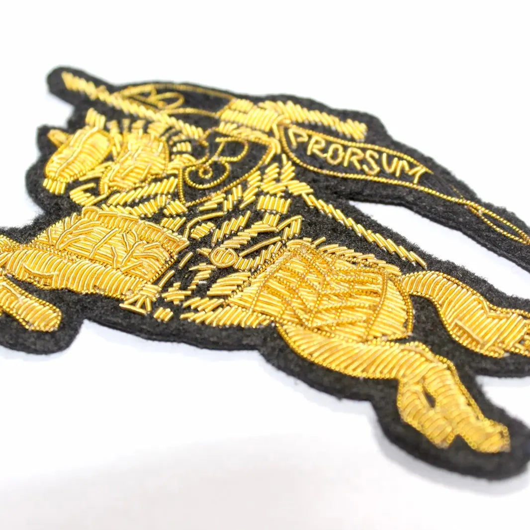 Hand-Embroidered Gold Bullion Horseman Patch – Luxury Fashion Badge