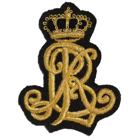 Hand-Embroidered RL Monogram Patch – Gold &amp; Silver Bullion Wire Badge