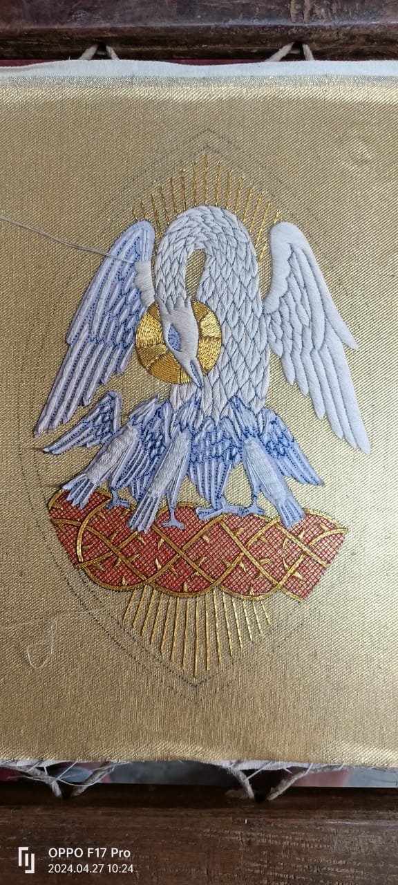 Pelican Emblem Appliqué for Catholic Vestments Sewn On Gold Cloth