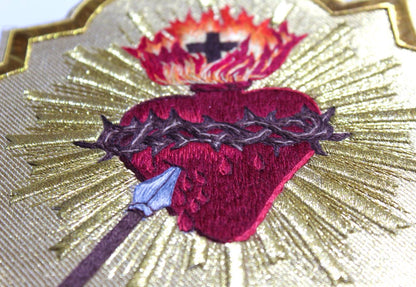 Sacred Heart Hand-Embroidered Liturgical Appliqué – Gold Fabric Background