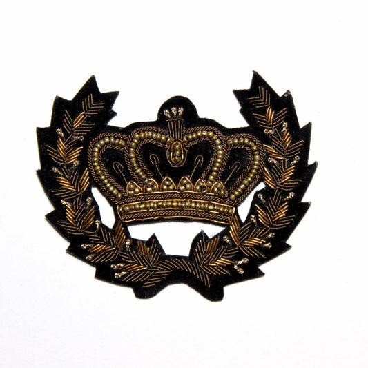 Hand-Embroidered Royal Crown Patch – Antique Gold Bullion Wire Badge