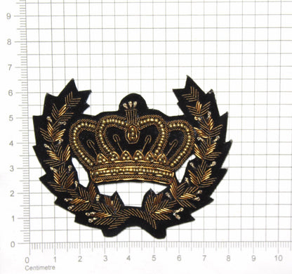 Hand-Embroidered Royal Crown Patch – Antique Gold Bullion Wire Badge