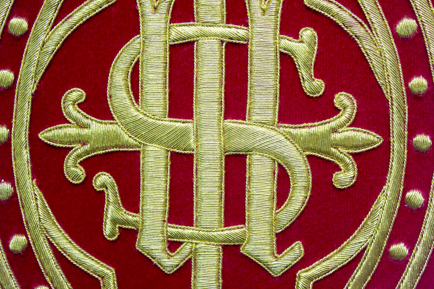 Hand Embroidered IHS Appliqué for Catholic Vestments – Gold on Velvet