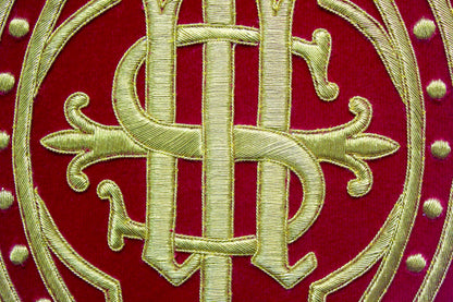 Hand Embroidered IHS Appliqué for Catholic Vestments – Gold on Velvet