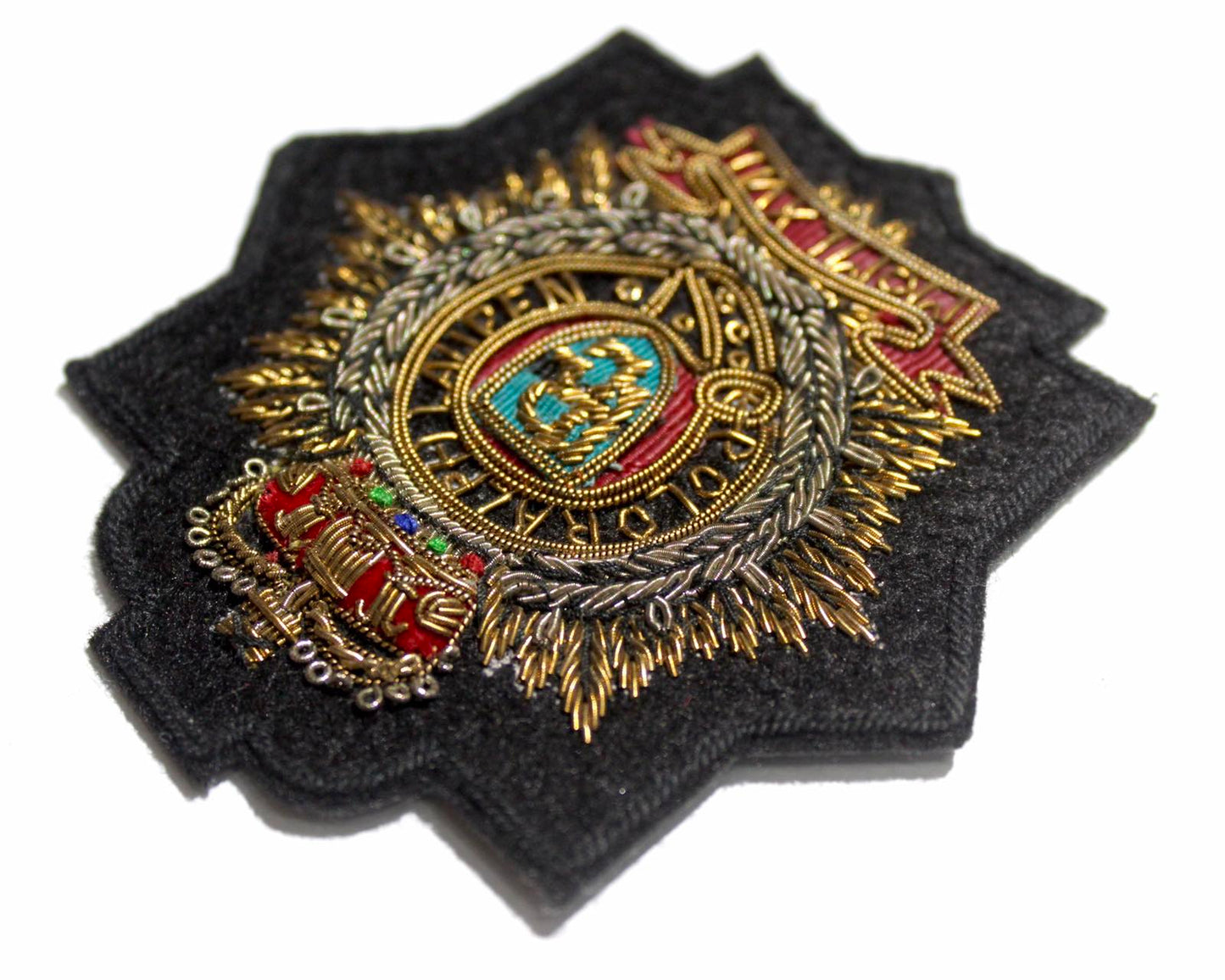 Hand-Embroidered Fashion Crest Patch – Antique Gold Bullion Wire Badge