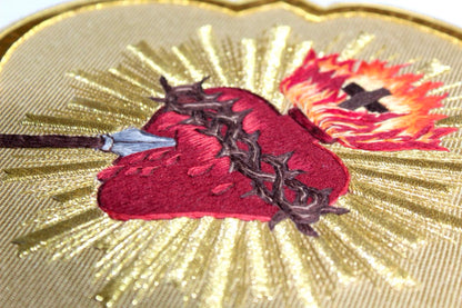 Sacred Heart Hand-Embroidered Liturgical Appliqué – Gold Fabric Background