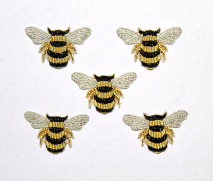Hand-Embroidered Gold Bullion Bee Patch Set – 5 Pieces