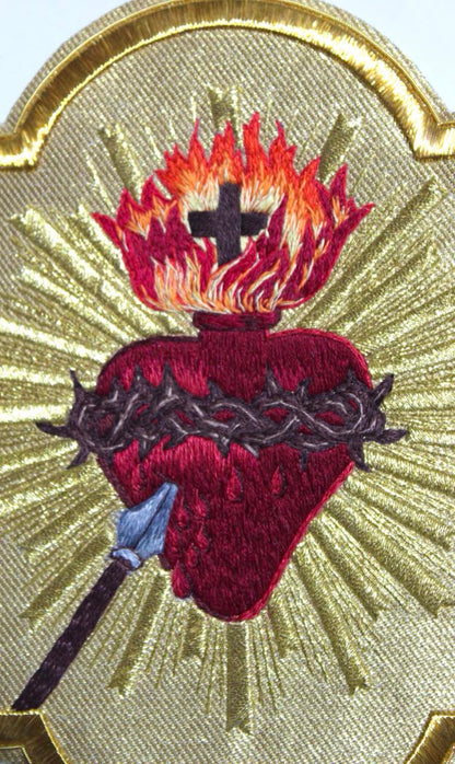 Sacred Heart Hand-Embroidered Liturgical Appliqué – Gold Fabric Background
