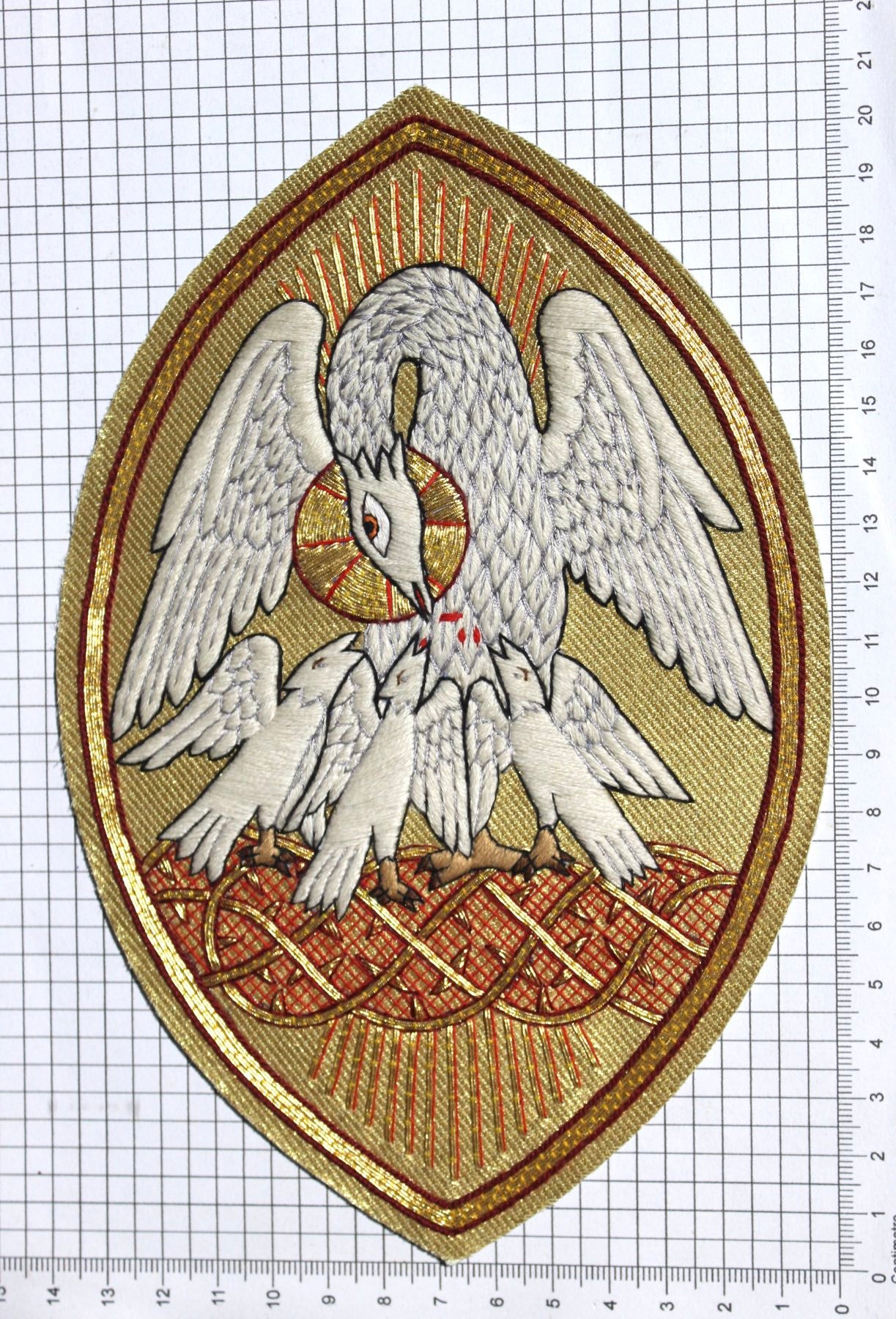 Pelican Emblem Appliqué for Catholic Vestments Sewn On Gold Cloth
