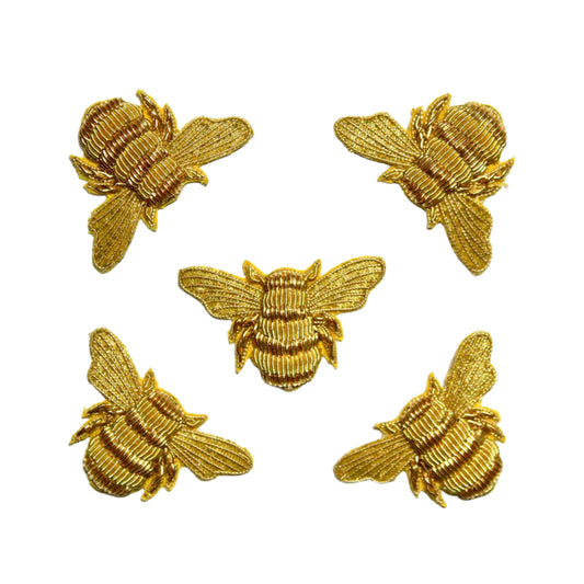 Hand-Embroidered Gold Bullion Bee Patch Set – 5 Pieces