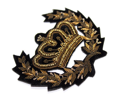 Hand-Embroidered Royal Crown Patch – Antique Gold Bullion Wire Badge