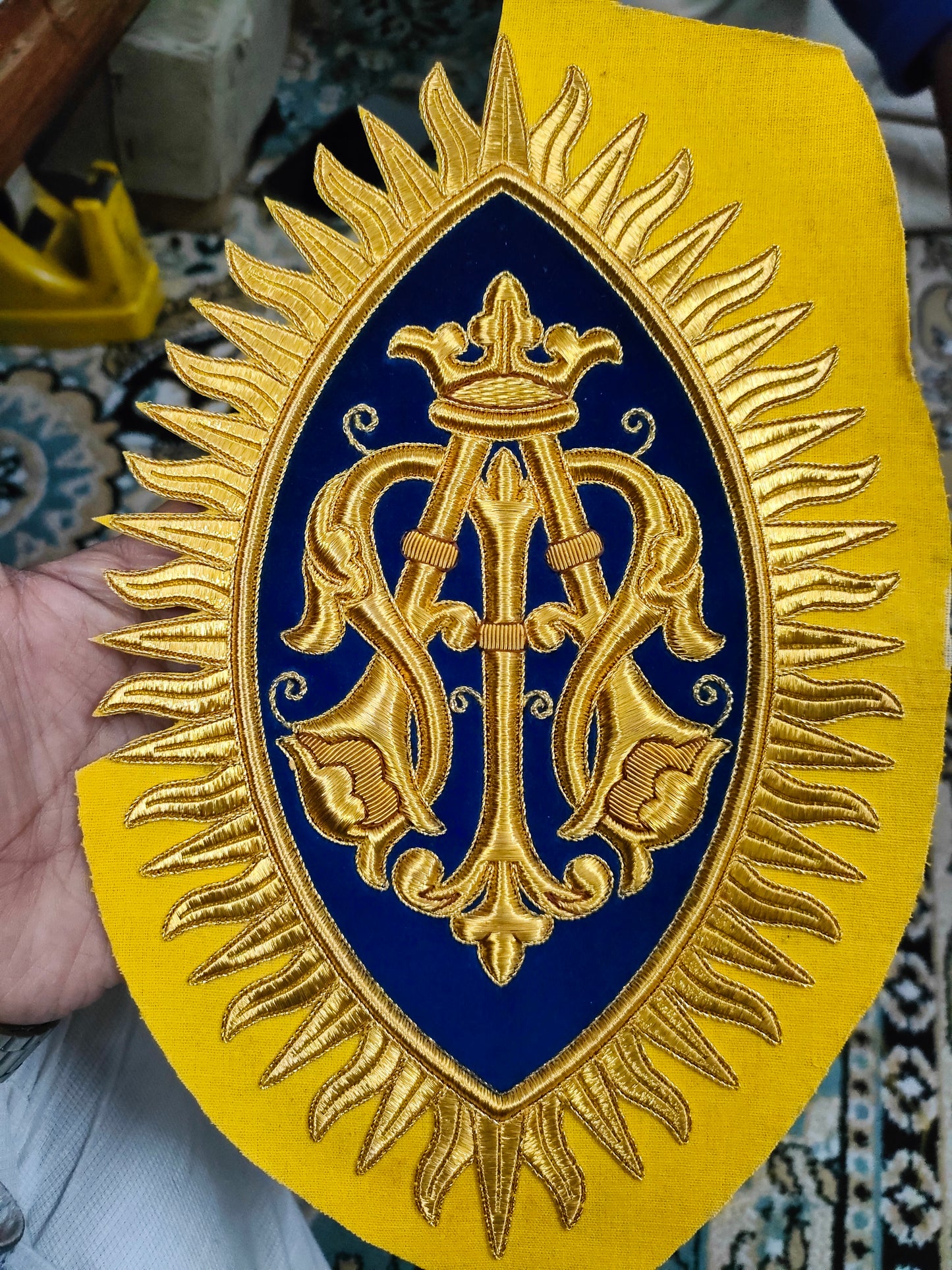 Exquisite Hand-Embroidered Marian Emblem for Catholic Church Vestments