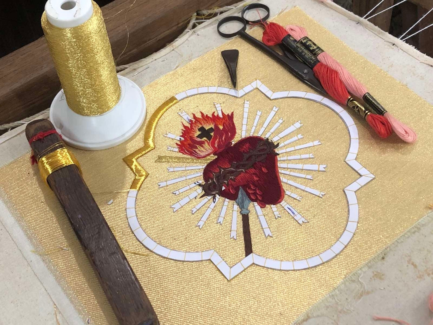 Sacred Heart Hand-Embroidered Liturgical Appliqué – Gold Fabric Background