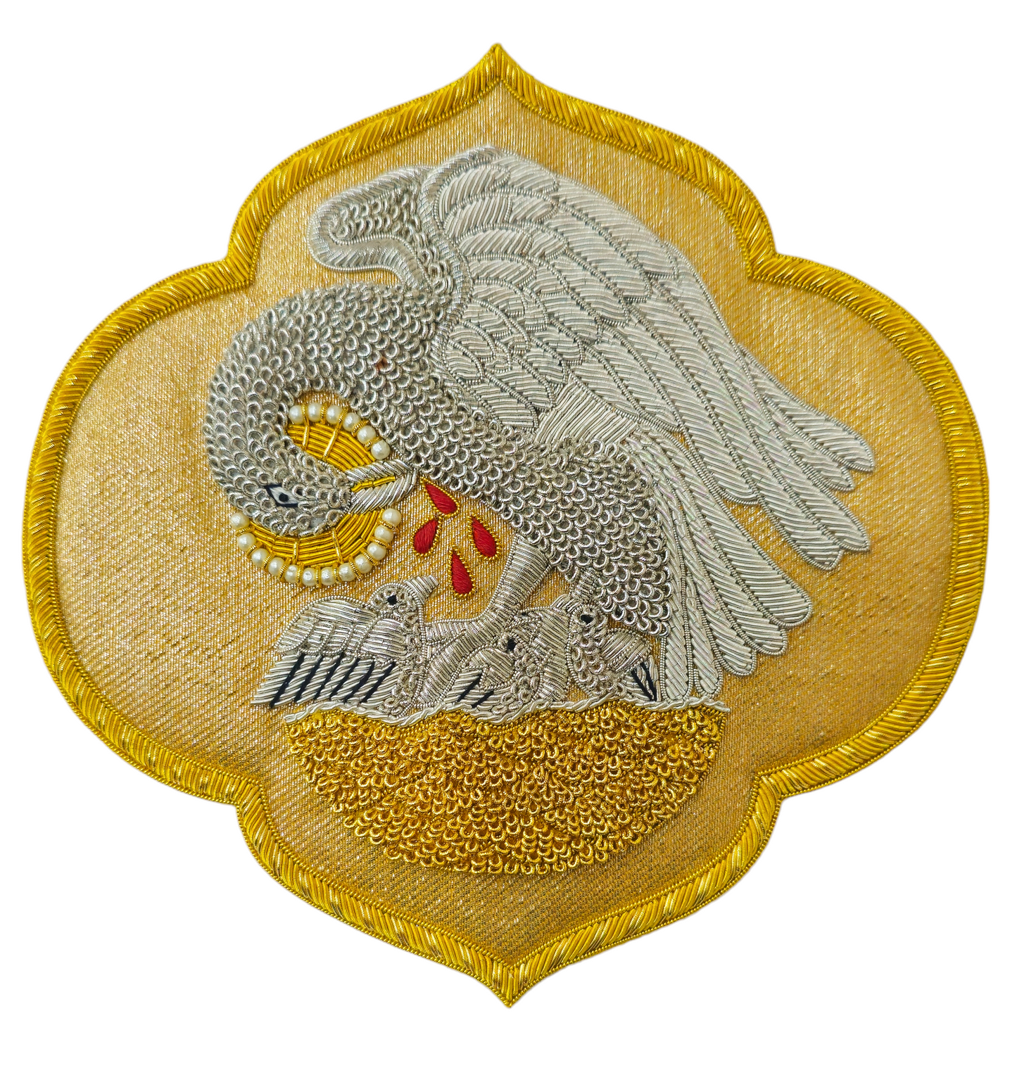 Hand-Embroidered Pelican Appliqué for Vestments – Gold &amp; Silver Bullion Embroidery