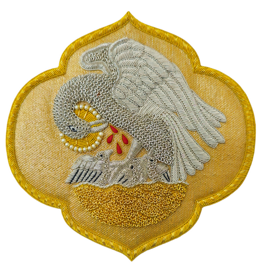 Hand-Embroidered Pelican Appliqué for Vestments – Gold &amp; Silver Bullion Embroidery
