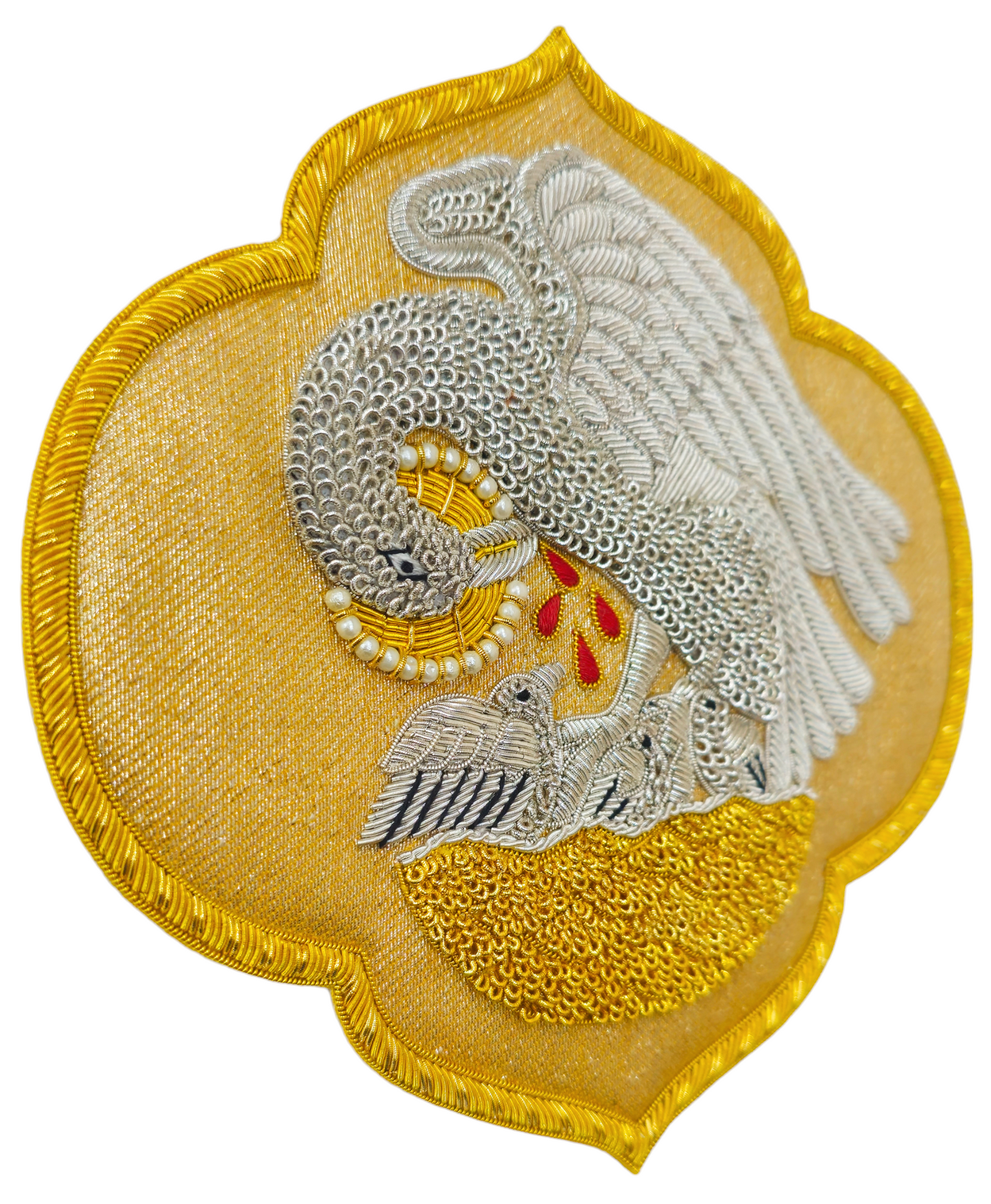 Hand-Embroidered Pelican Appliqué for Vestments – Gold &amp; Silver Bullion Embroidery