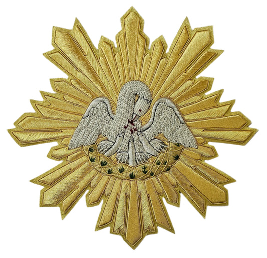 Pelican in Her Piety Appliqué | Hand-Embroidered Vestment Patch with Gold &amp; Silver Bullion Rays