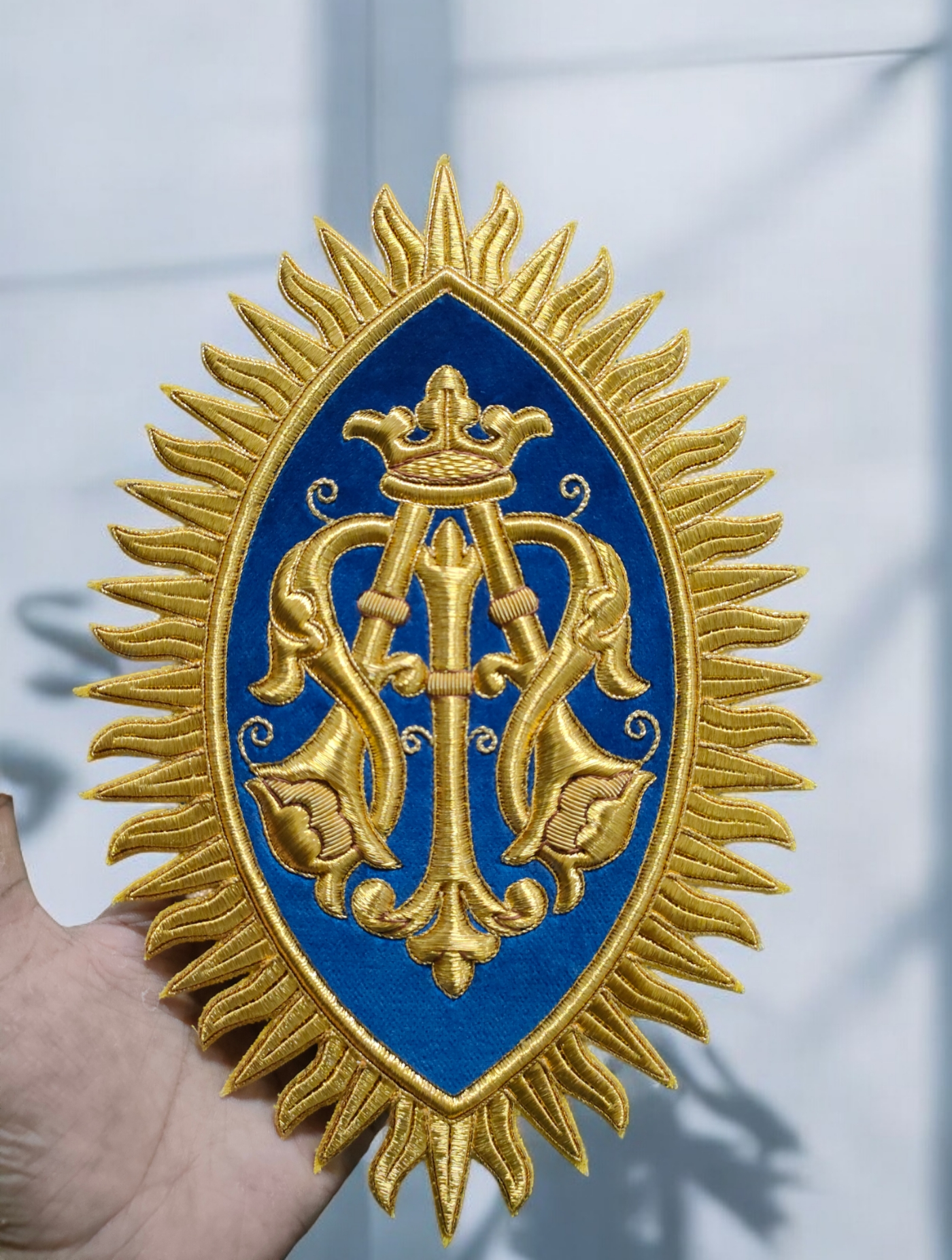 Exquisite Hand-Embroidered Marian Emblem for Catholic Church Vestments