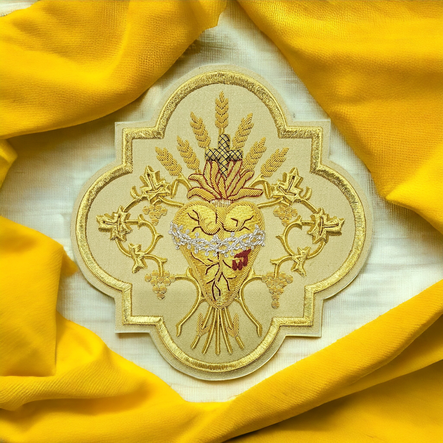 Sacred Heart Hand embroidered Appliqué for Vestments – Gold Metallic Wire on Gold Fabric