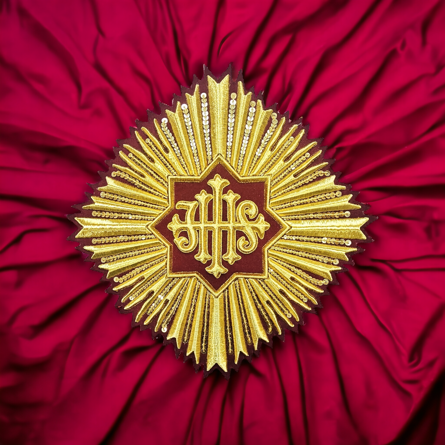 Hand-Embroidered IHS With Rays Appliqué for Vestments – Gold Metallic Wire on Velvet