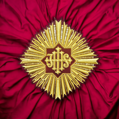 Hand-Embroidered IHS With Rays Appliqué for Vestments – Gold Metallic Wire on Velvet