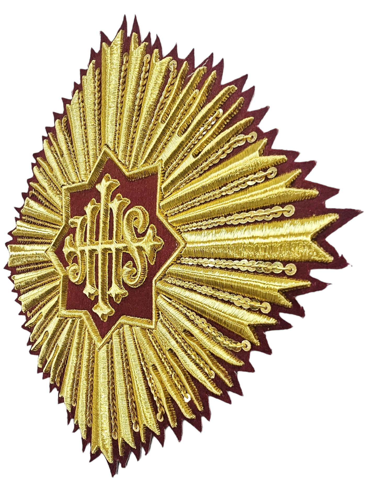 Hand-Embroidered IHS With Rays Appliqué for Vestments – Gold Metallic Wire on Velvet