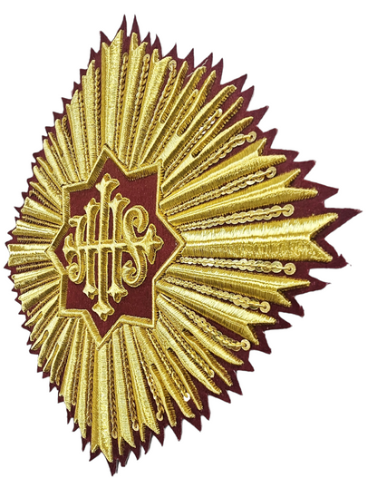 Hand-Embroidered IHS With Rays Appliqué for Vestments – Gold Metallic Wire on Velvet