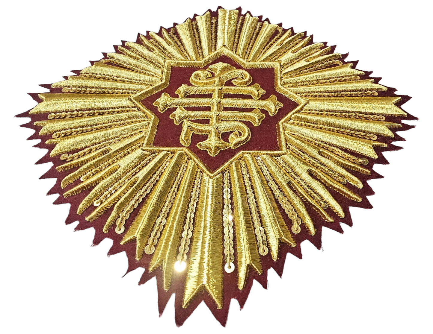 Hand-Embroidered IHS With Rays Appliqué for Vestments – Gold Metallic Wire on Velvet