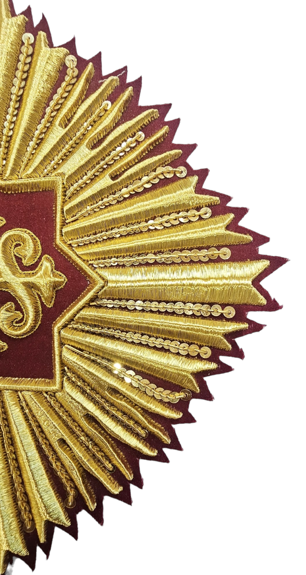 Hand-Embroidered IHS With Rays Appliqué for Vestments – Gold Metallic Wire on Velvet