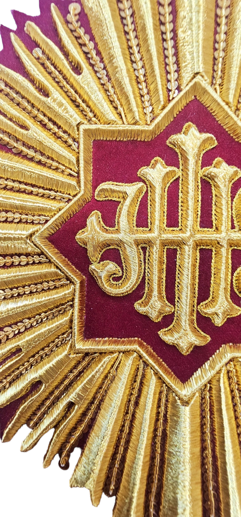 Hand-Embroidered IHS With Rays Appliqué for Vestments – Gold Metallic Wire on Velvet