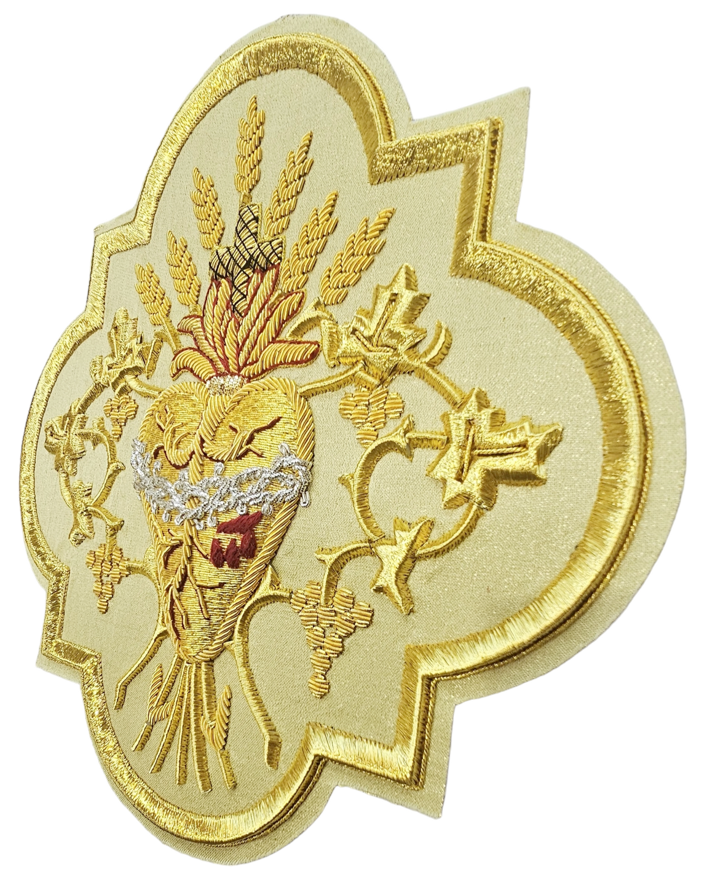 Sacred Heart Hand embroidered Appliqué for Vestments – Gold Metallic Wire on Gold Fabric