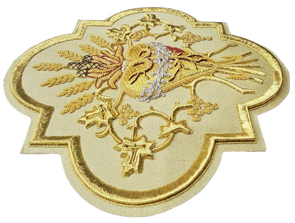 Sacred Heart Hand embroidered Appliqué for Vestments – Gold Metallic Wire on Gold Fabric