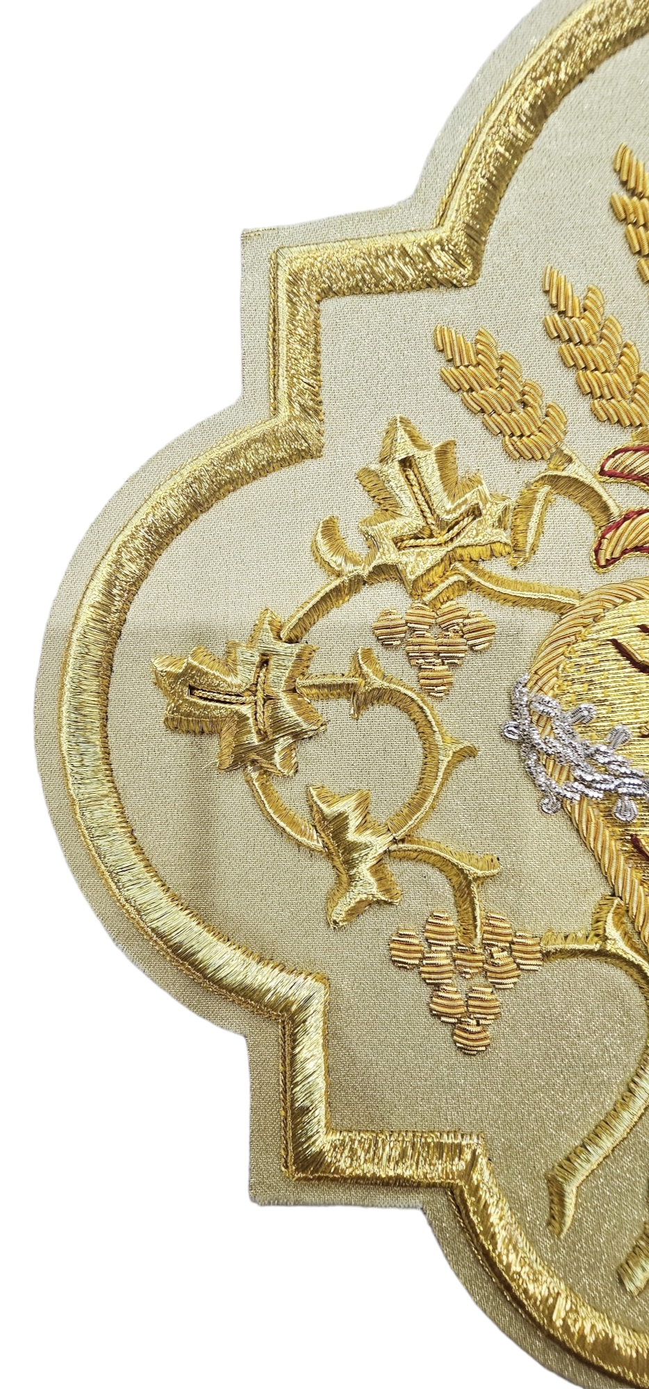 Sacred Heart Hand embroidered Appliqué for Vestments – Gold Metallic Wire on Gold Fabric