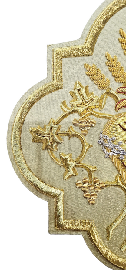 Sacred Heart Hand embroidered Appliqué for Vestments – Gold Metallic Wire on Gold Fabric
